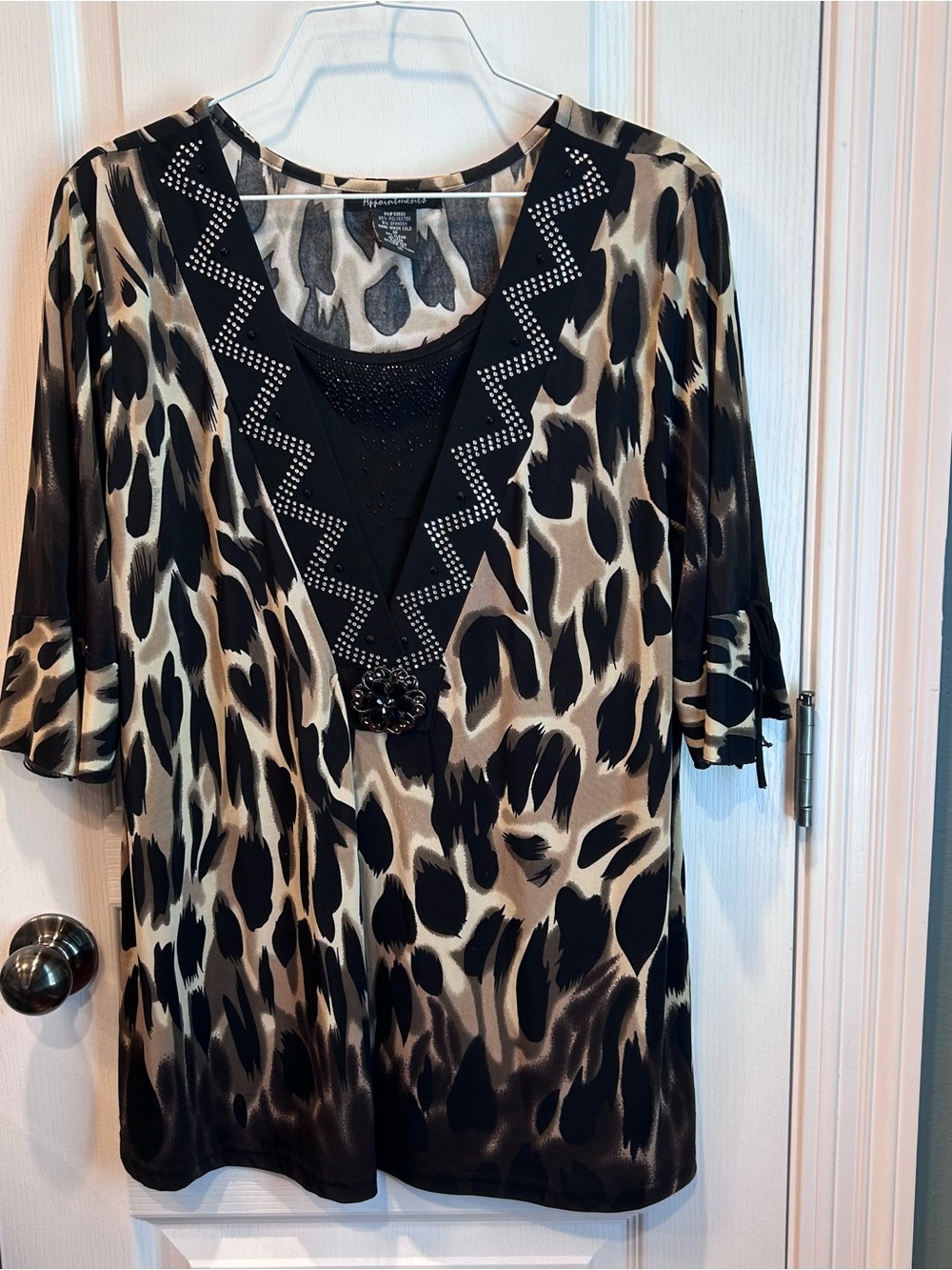 Appointments Women's Animal Print Beaded Detail Front Bell Sleeve Blouse Size 1X